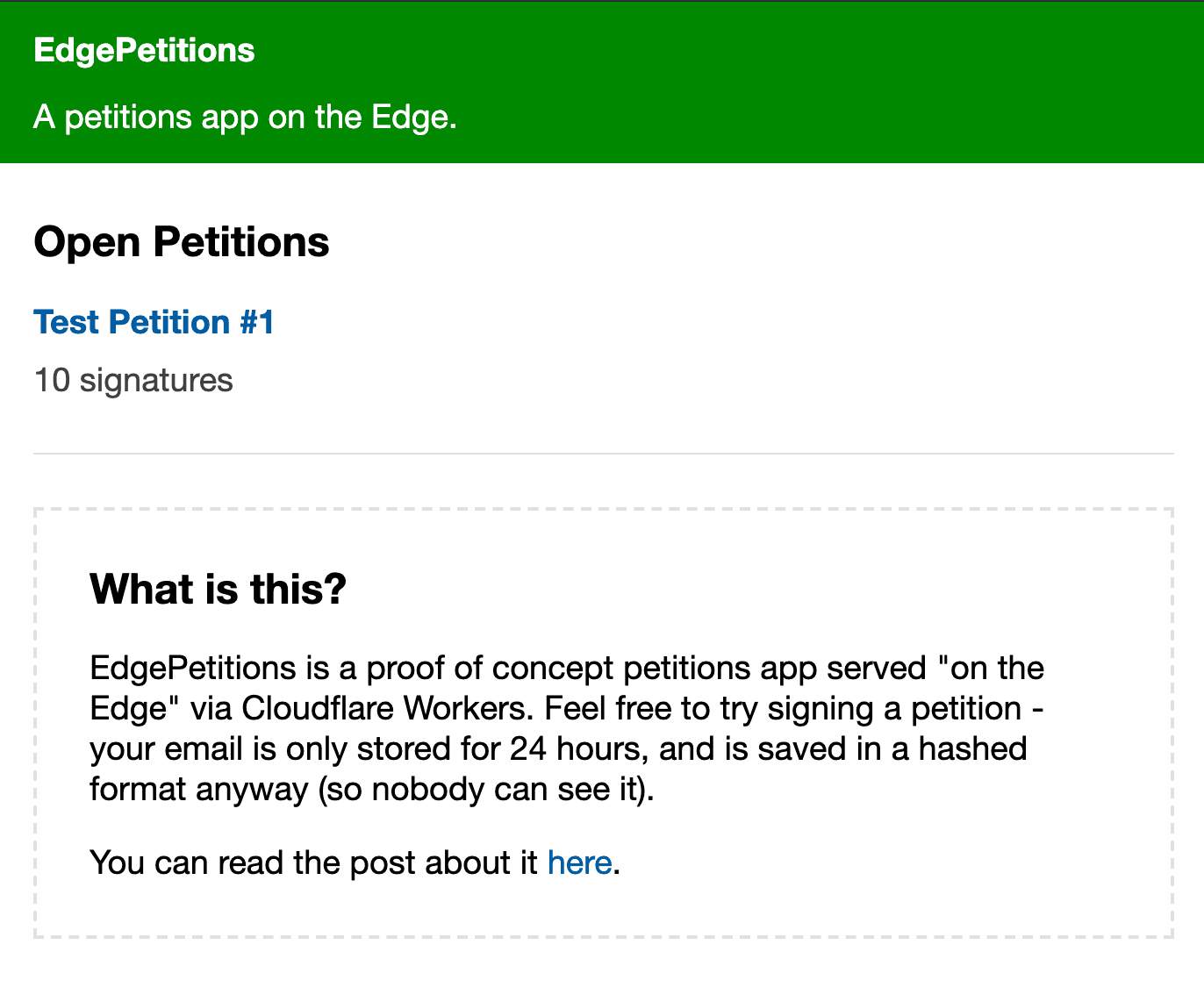 Screenshot of the EdgePetitions proof of concept app